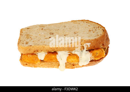 Fisch-Finger Sandwich mit Remoulade isoliert gegen weiß Stockfoto