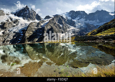 Panoramablick auf die Gletscher von La Meije mit Reflexion in einem künstlichen See auf halbe Höhe, Französische Alpen, Frankreich Stockfoto