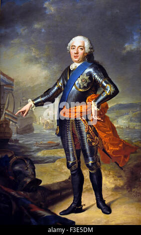 Wilhelm IV. (1711-51), Prinz von Oranien-Nassau. (Niederlande Niederlande) 1751 Aved Jacques-André-Joseph 1702 – 1766 (Le Camelot oder die Hawker) war ein französischer Maler des 18. Jahrhunderts und eines der wichtigsten französischen Rokoko (stehend in Rüstung, in voller Länge, in einer Küstenlandschaft mit linken militärischen Attributen wie eine Waffe und einen Helm. Im Hintergrund Schiffe. ) Stockfoto