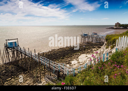 Angeln-Plattformen am Flussufer Talmont Sur Gironde Charente-Maritime France Europe Stockfoto