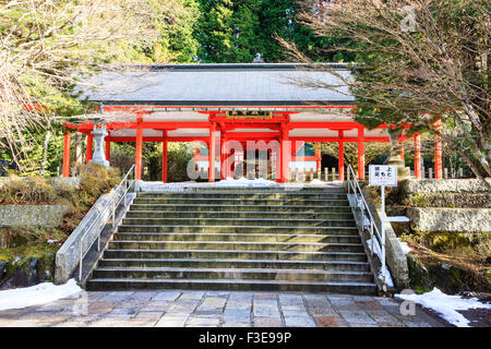 Japan, Koyasan Friedhof. Eingang zu öffnen vermillion Shinto Schrein für den Zweiten Weltkrieg Japanischen tot. Winter mit Schnee. Stockfoto