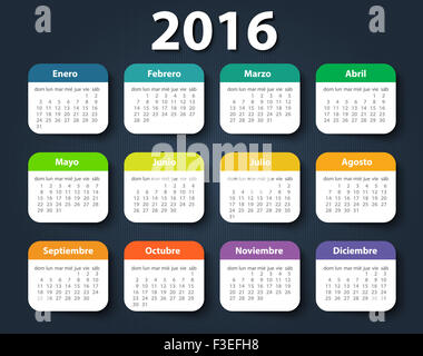 Kalender 2016 Jahr Entwurfsvorlage in spanischer Sprache. Stockfoto