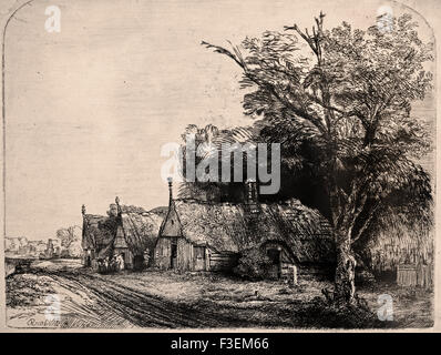 Landschaft mit drei Bauernhöfen entlang einer Straße in 1650 Rembrandt Harmenszoon van Rijn1606 – 1669 holländischen Niederlanden Radierung Etch Stockfoto