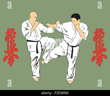 Männer sind engagierte Karate, eine Illustration gegen Hieroglyphen. Stockfoto