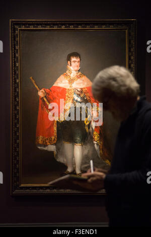 London, England. 10.06.2015. Presse-Preview der Ausstellung Goya: die Porträts in der National Gallery in London, England. Die Ausstellung am 7. Oktober 2015 eröffnet und läuft bis zum 10. Januar 2016. Malerei: Ferdinand VII. im Gericht Kleid, 1814 / 15. Stockfoto