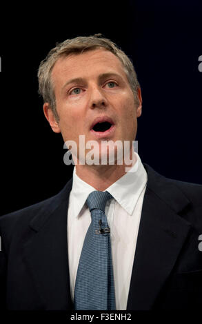 Manchester, UK. 6. Oktober 2015. Zac Goldsmith MP, konservative Partei Kandidat für Londoner Bürgermeister spricht am Tag3 der 2015 Parteitag der Konservativen in Manchester. Bildnachweis: Russell Hart/Alamy Live-Nachrichten. Stockfoto