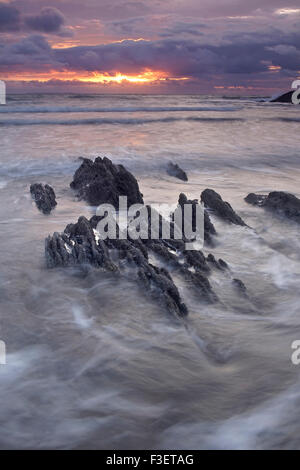 Eine schöne betrachtet September Sonnenuntergang aus North Devon Küste Stadt, Woolacombe, England, Großbritannien Stockfoto