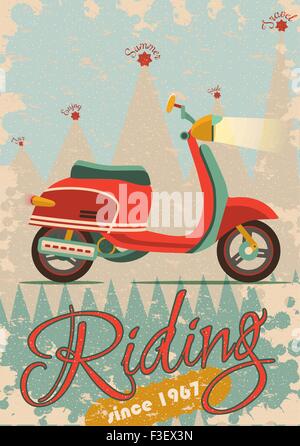 Retro-Poster-Design mit Vintage Roller Illustration, Beispieltext, Banner und Grunge Texturen Stock Vektor