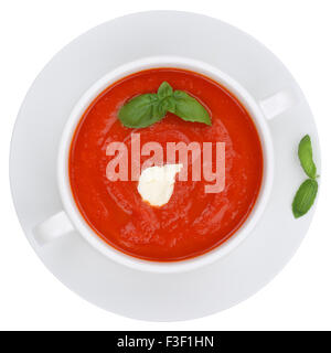 Tomaten Suppe essen mit frischen Tomaten im Cup von oben isoliert Stockfoto