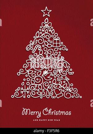 Frohe Weihnachten und ein frohes neues Jahr Kiefer hergestellt in modernen Umriss-Stil mit einfachen Xmas-Ornamenten. Ideal für Urlaub-Karte Stock Vektor