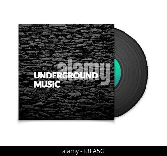 Schwarze Vintage Vinyl-Schallplatte und schwarzen underground-Musik Fall abdecken mit Grunge Steinstruktur isoliert auf weißem Hintergrund Stock Vektor