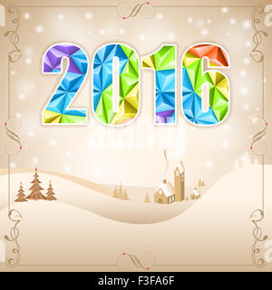 Retro-Neujahr-Frame mit Hirschen, Dreieck Reihe 2016, Baum und Haus. Vorlage für Poster und Broschüre. Stockfoto