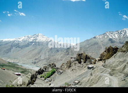 Dhankar Kloster, Dhankar Gompa, Dhankar Dorf, Dhankhar, Tabo, Kaza, Spiti Valley, Himachal Pradesh, Indien, Asien Stockfoto