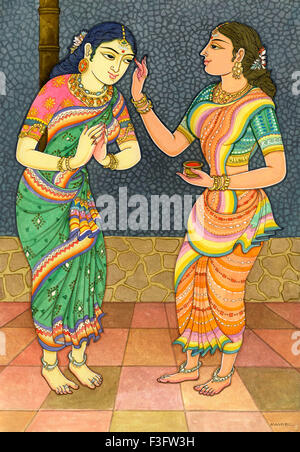 10 Fragen; Kunkuma; Frauen; Namaste; hinduistischen Glauben; Hindu; Hinduismus; Kunst; Künstler Manivelu; Himalaya-Kunstakademie Stockfoto