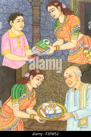 10 Fragen Geschenk Kind Mann Karma hinduistischen Glauben Hinduismus Kunst Künstler Manivelu Himalaya Akademie Kunst Karma Geschenke Frau Stockfoto