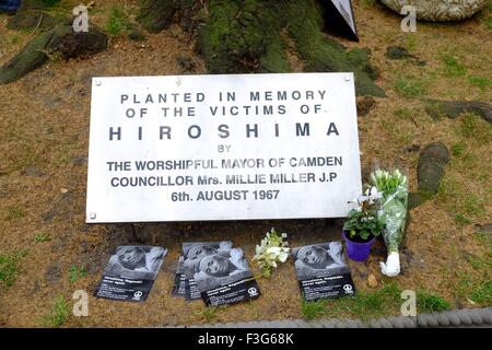Denkmal in Hiroshima Cherry Tree Tavistock Square mit statt: Atmosphäre wo: London, Vereinigtes Königreich bei: 6. August 2015 Stockfoto
