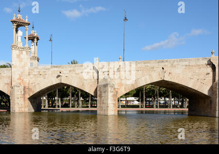 Alte Brücke über die Turia-Gärten in Valencia, Spanien. Die Puente del Mar (Brücke des Meeres) Stockfoto