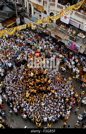 Govinda in gelb weißen Uniform Menschenpyramide bildet; Dahikala Festival; Dadar; Mumbai Bombay; Maharashtra; Indien Stockfoto