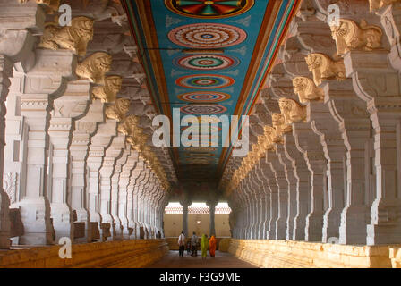 Reich verzierte prächtige Korridor in Rameswaram Tempel; Char Dham; Tamil Nadu; Indien Stockfoto