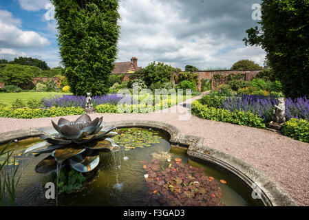 Seerose-Wasserspiel im Garten in Arley Hall in Cheshire. Einem sonnigen Sommertag. Stockfoto