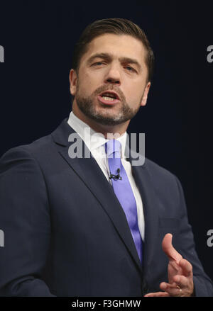 Manchester, UK. 7. Oktober 2015. Stephen Crabb Mp Staatssekretär für Wales konservative Partei Konferenz 2015 Manchester Central, Manchester, England-7. Oktober 2015-Adressen die konservative Partei Konferenz 2015 im Manchester Central, Manchester Credit: Allstar Bild Bibliothek/Alamy Live-Nachrichten Stockfoto