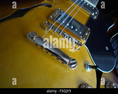 Schließen Sie Details einer Archtop-Gitarre Stockfoto