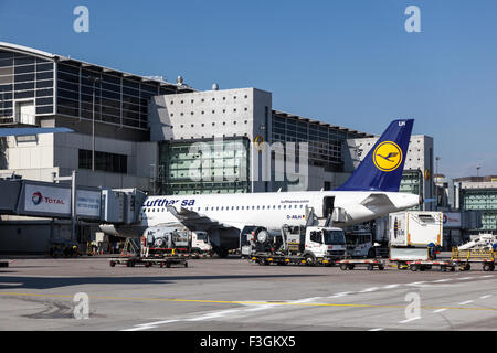 Lufthansa Airbus A319-100 am Tor zum Frankfurter Flughafen. Stockfoto