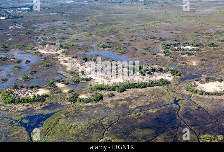 Safari Feuchtgebiete Landschaft aus der Luft - Luftbilder über das Moremi Game Reserve, Okavango Delta, Botswana Kalahari, Nord, Süd Afrika Stockfoto
