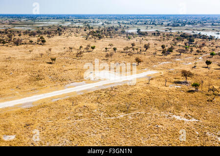 Luftaufnahme über den Okavango Delta nähert sich dem Nxabega Landebahn, Kalahari, nördlichen Botswana, Südafrika Stockfoto