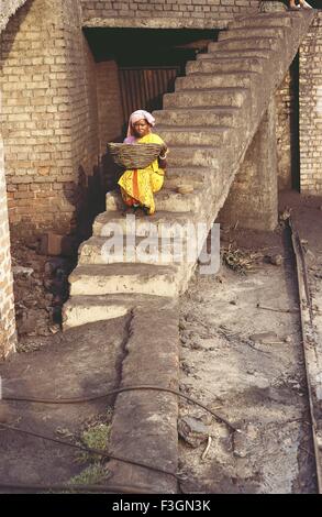 Frau Arbeit sitzen mit Eimer auf der Baustelle; Suzii; Indien Stockfoto