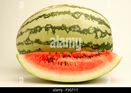 Früchte eine vollständige Wassermelone leichte dunkelgrünen Streifen eine geschnittene Scheibe zeigen rote wässrige Fruchtfleisch schwarze Samen Pune Maharashtra Stockfoto