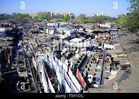 Dhobi Ghat; Öffnen Sie Wäsche von Mumbai Municipal Corporation Unterlegscheibe Männer laufen; Mahalakshmi; Bombay jetzt Mumbai; Maharashtra Stockfoto