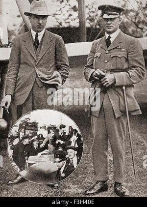 Leutnant Oberst Sir Arthur Whitten Brown, 1886 – 1948, links, und Kapitän Sir John William Alcock, 1892 – 1919, rechts.   Navigator und Pilot bzw. der ersten Nonstop-Transatlantikflug von St. John's, Neufundland, Clifden, Connemara, Irland im Jahr 1919.  Einschub, begeisterte Massen erhalten sie bei ihrer Ankunft in London. Stockfoto