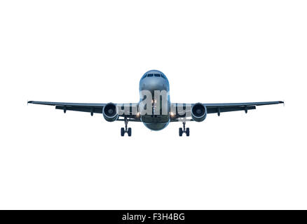 Flugzeug Landung isoliert auf weißem Hintergrund. Stockfoto