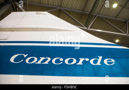 CAMBRIDGESHIRE, Großbritannien - 5. Oktober 2015: Der Heckflügel die Concorde Überschall-Flugzeug im Imperial War Museum Duxford in C Stockfoto