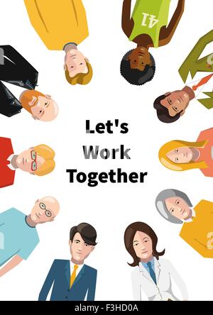 Internationale Gruppe von Menschen, die Arbeiten im Team, flache Abbildung auf weißem Hintergrund a4-Papierformat Stock Vektor