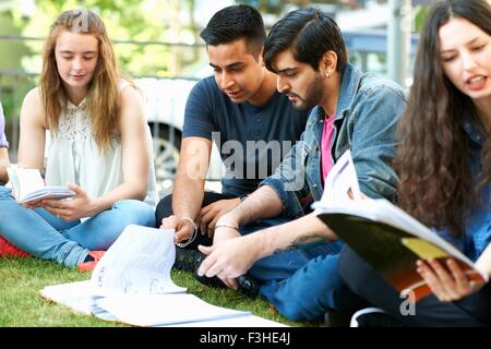 Studentinnen und Studenten sitzen arbeiten auf College-Campus Stockfoto