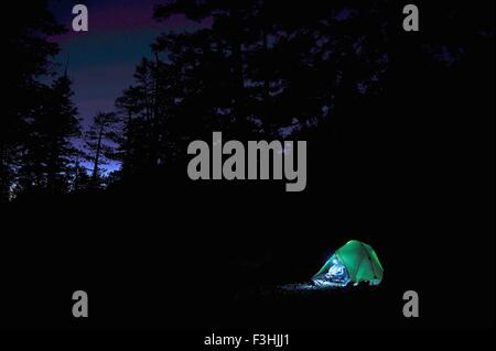 Junge Frau in der Nacht, Mount Charleston Wilderness Trail, Nevada, USA camping Stockfoto