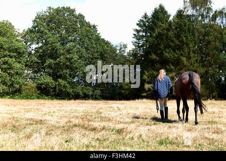 Rückansicht des Mädchens führt Pferd im Feld Stockfoto