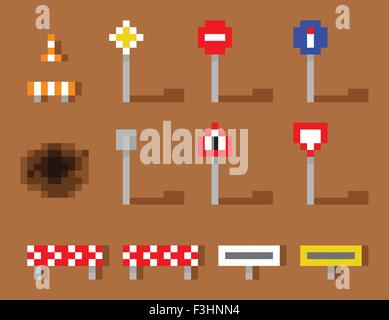 Pixel Art Vector Straße Zeichen Icon set Braun Straße Stock Vektor