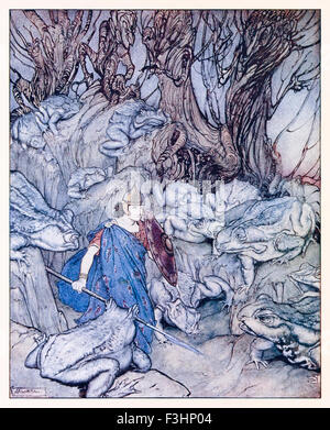 Frontispiz; "[Art] In einem gegabelten Tal, in die er bei Nacht-fallen schlüpfte, er von riesigen Kröten umgeben war." aus "Becuma der weißen Haut" in "Irische Märchen", Illustration von Arthur Rackham (1867-1939). Siehe Beschreibung für mehr Informationen. Stockfoto