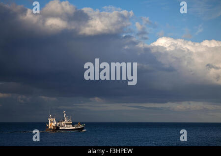 Angelboot/Fischerboot in der irischen See, Off Clogher Head, County Louth, Irland Stockfoto