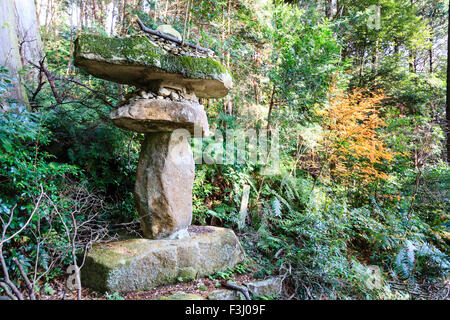 Azuchi Schloß, Japan. Stein-Schrein, Gorin, fünf Steinpagode unter Unterholz, Moos an der Spitze Stockfoto