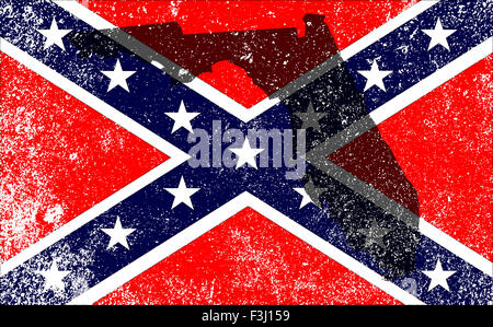 Die Flagge der Konföderierten während des amerikanischen Bürgerkrieges mit Florida-Karte-Silhouette-overlay Stockfoto