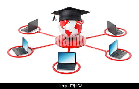 E-Learning Netzwerk. Laptop-Computer verbunden, um den Globus mit einer Graduierung Kappe in den Mittelpunkt. Stockfoto