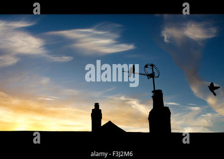 8. Oktober 2015. Wetter. Eine taube sitzt auf einer Dachantenne durch den Sonnenaufgang und wispy Wolken in East Sussex, UK. 8. Oktober 2015. Credit: Ed Brown/Alamy leben Nachrichten Stockfoto