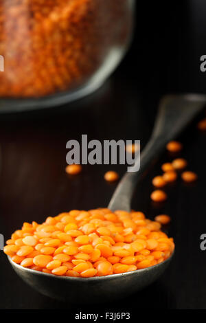 Rote Linsen auf einem Löffel auf schwarze Oberfläche Stockfoto