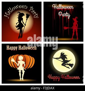 Halloween-Thema festgelegt. Hexen-Silhouetten mit Wortlaut Happy Halloween und Halloween-Party. Kostenlose Schriftart verwendet. Stock Vektor