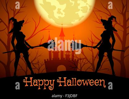 Halloween-Hintergrund mit Silhouetten von Hexen und Schriftzug Happy Halloween. Stock Vektor