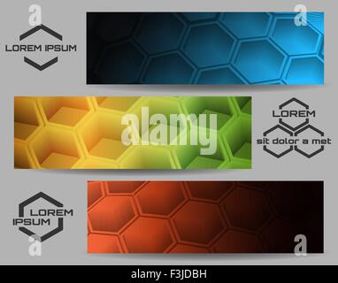 Abstrakt Design sechseckigen Formen Banner oder Header gesetzt. Drei Farbvarianten und getrennten Firmenzeichenproben. Stock Vektor